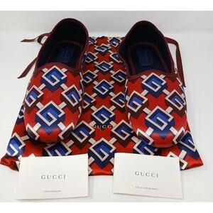 Gucci Voyage Eco Geometric Print Grosgrain Satin Shoes Women Sz 43 662389 Red